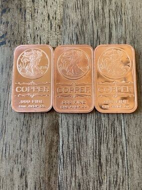 1 oz. Walking Lady Liberty .999 fine copper bars Winged Liberty Shield Lot 3